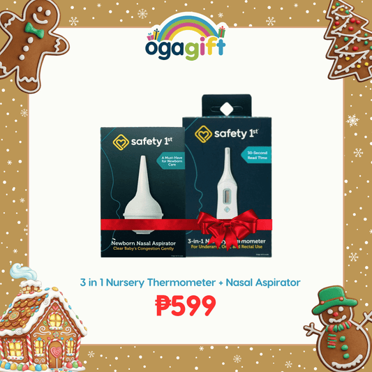 Safety 1st Nasal Aspirator and 3-in-1 Nursery Thermometer. Nasal Aspirator: Soft, flexible tip and Thermometer: 30-second read time, for underarm, oral, and rectal use