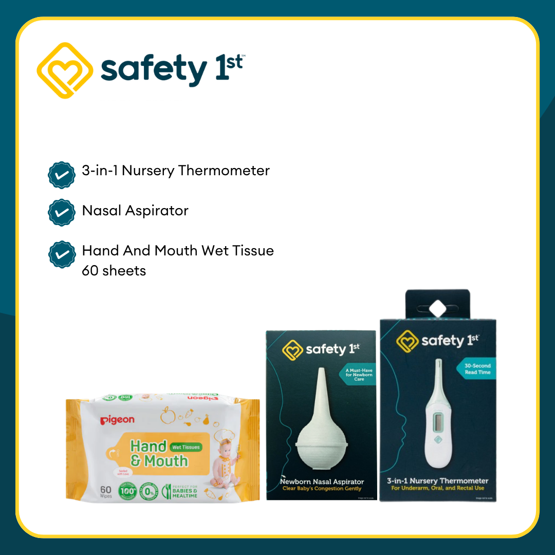 Safety 1st 3N1 Thermometer + Pigeon Hand and Mouth Tissue 60's + Safety 1st Nasal Aspirator