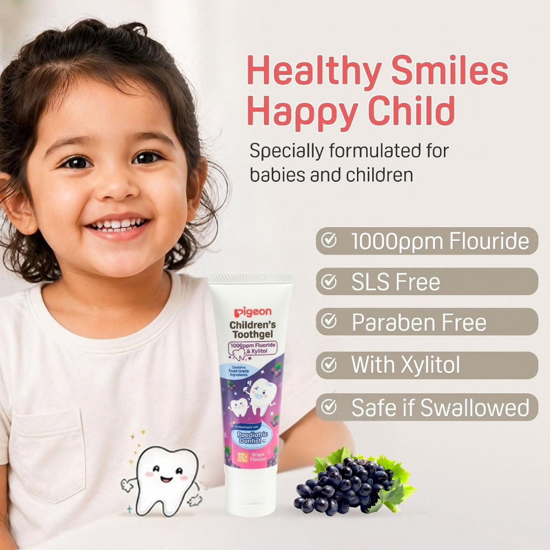 Pigeon Official Toothgel Grape 12+ Months - 1000ppm Fluoride (dentist recommended), Food Grade, Low foam for easy rinsing, Strengthens tooth enamel, Co-developed with Pediatric Dentist, Japan No. 1 Brand