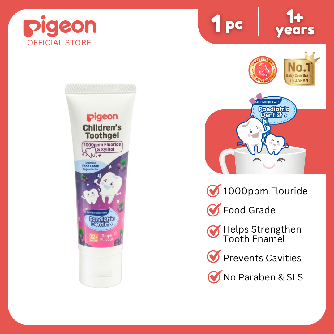Pigeon Official Toothgel Grape 12+ Months - 1000ppm Fluoride (dentist recommended), Food Grade, Low foam for easy rinsing, Strengthens tooth enamel, Co-developed with Pediatric Dentist, Japan No. 1 Brand