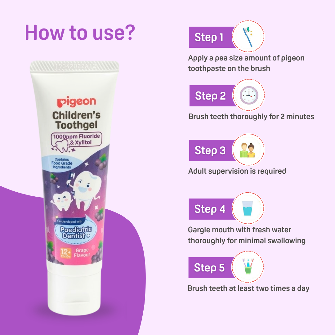 Pigeon Official Toothgel Grape 12+ Months - 1000ppm Fluoride (dentist recommended), Food Grade, Low foam for easy rinsing, Strengthens tooth enamel, Co-developed with Pediatric Dentist, Japan No. 1 Brand
