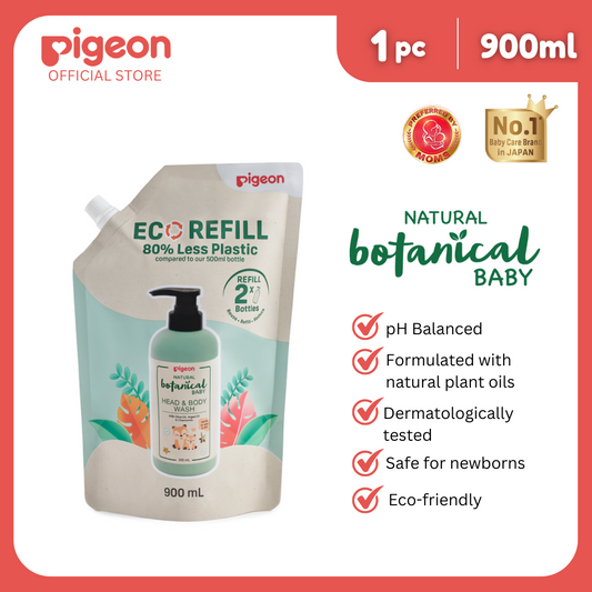 Pigeon Official Natural Botanical Baby Head & Body Wash 900ml Refill – Newborn Safe, 24H Moisture