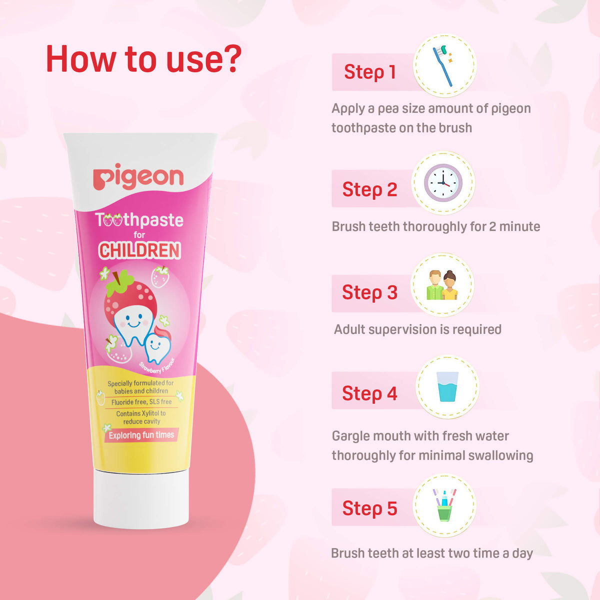 Pigeon Official Toothpaste Strawberry 0+ Months 1pc - 100% Food Grade Ingredients, SLS/Fluoride Free, Safe if swallowed, Gentle on new milk teeth, made with Xylitol agent, Co-developed with Pediatric Dentist, Japan No. 1 Brand