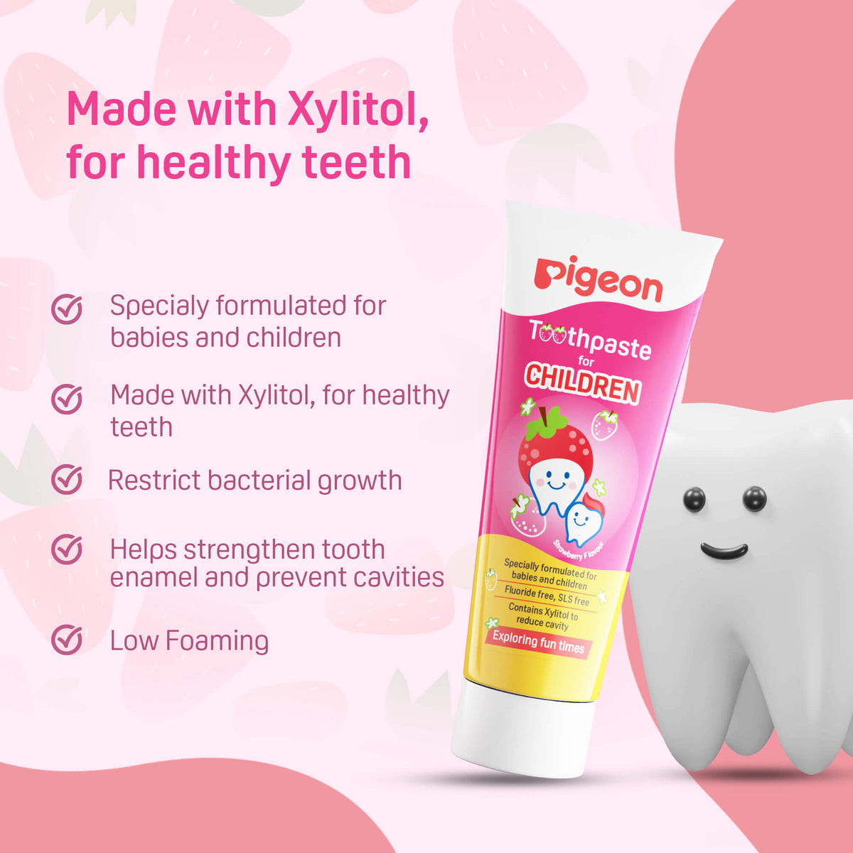 Pigeon Official Toothpaste Strawberry 0+ Months 1pc - 100% Food Grade Ingredients, SLS/Fluoride Free, Safe if swallowed, Gentle on new milk teeth, made with Xylitol agent, Co-developed with Pediatric Dentist, Japan No. 1 Brand