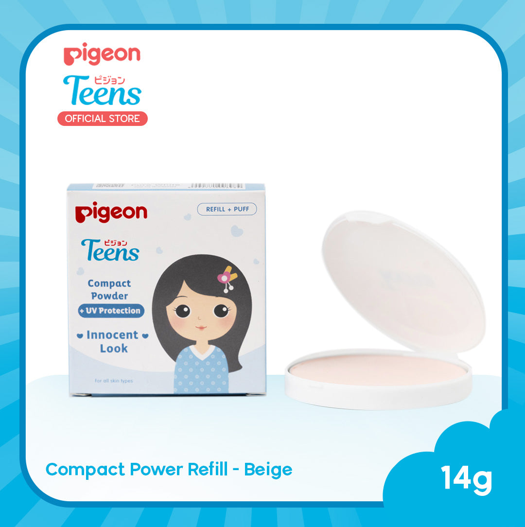 Pigeon Teens Compact Powder & Refill Duo Bundle - Beige (Talc-Free & Hypoallergenic) for Sensitive Skin
