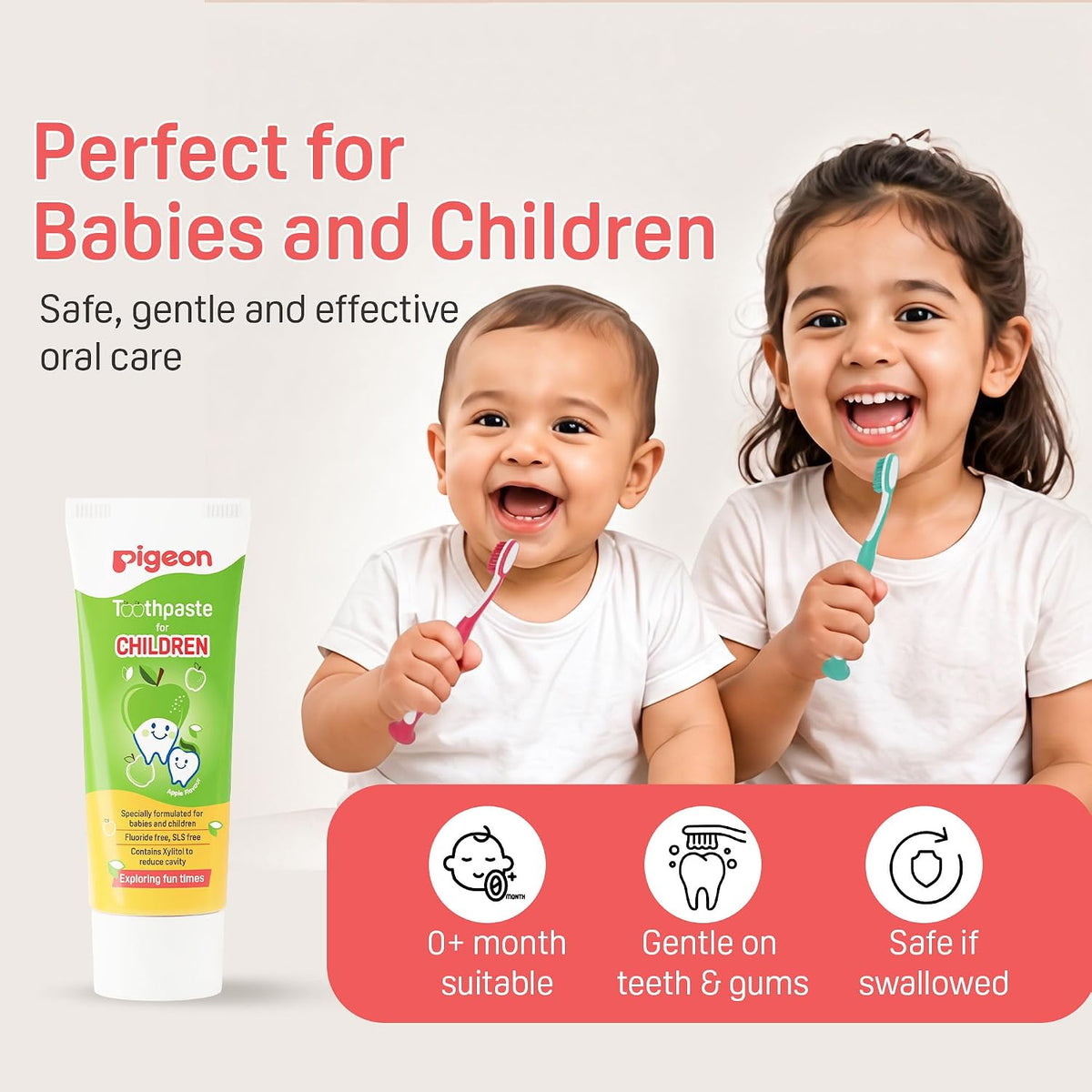 Pigeon Official Toothpaste Apple 0+ Months 1pc - 100% Food Grade Ingredients, SLS/Fluoride Free, Safe if swallowed, Gentle on new milk teeth, made with Xylitol agent, Co-developed with Pediatric Dentist, Japan No. 1 Brand