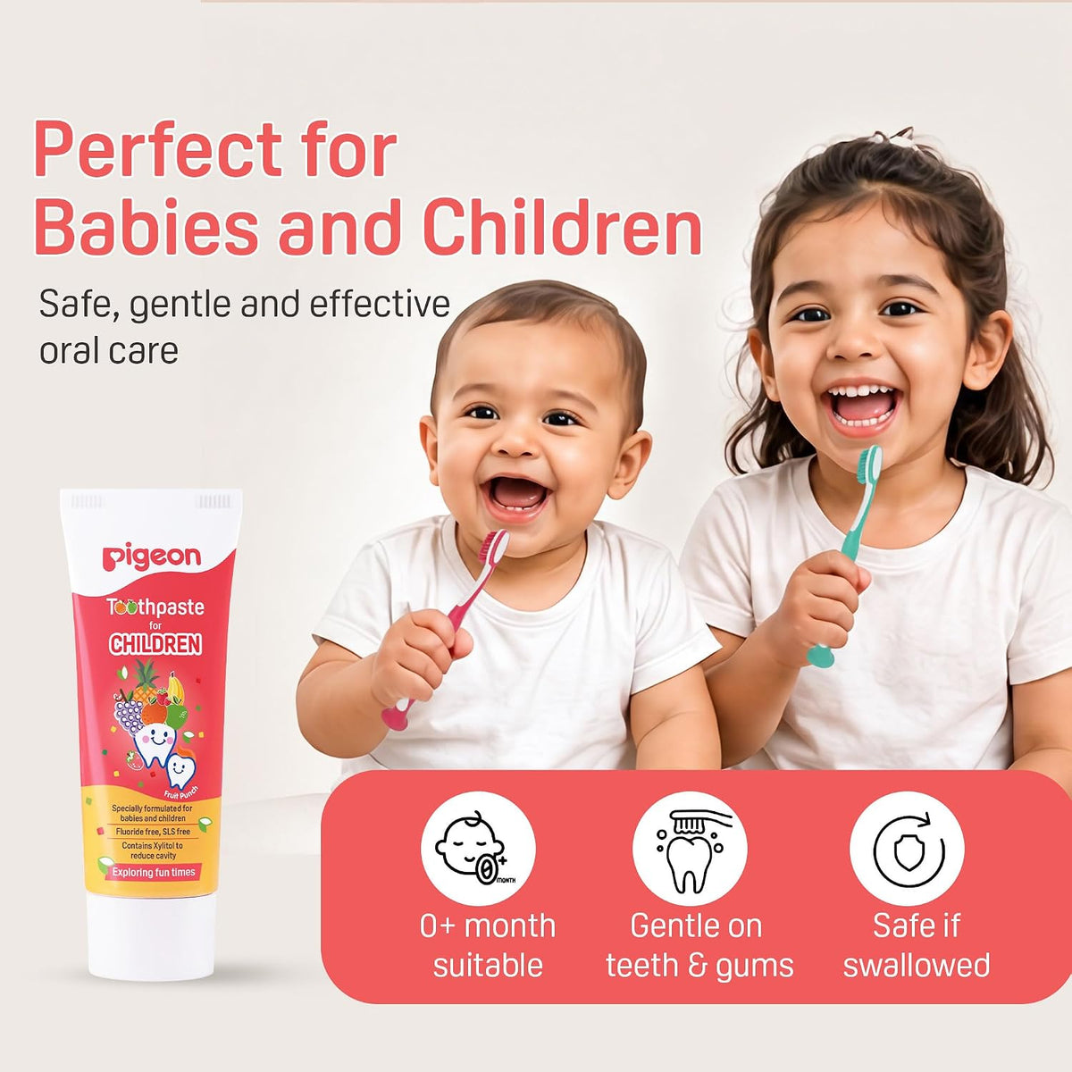 Pigeon Official Toothpaste Fruit Punch 0+ Months 1pc - 100% Food Grade Ingredients, SLS/Fluoride Free, Safe if swallowed, Gentle on new milk teeth, made with Xylitol agent, Co-developed with Pediatric Dentist, Japan No. 1 Brand