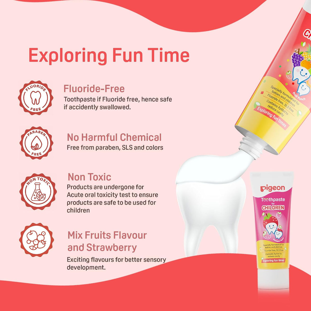 Pigeon Official Toothpaste Fruit Punch 0+ Months 1pc - 100% Food Grade Ingredients, SLS/Fluoride Free, Safe if swallowed, Gentle on new milk teeth, made with Xylitol agent, Co-developed with Pediatric Dentist, Japan No. 1 Brand
