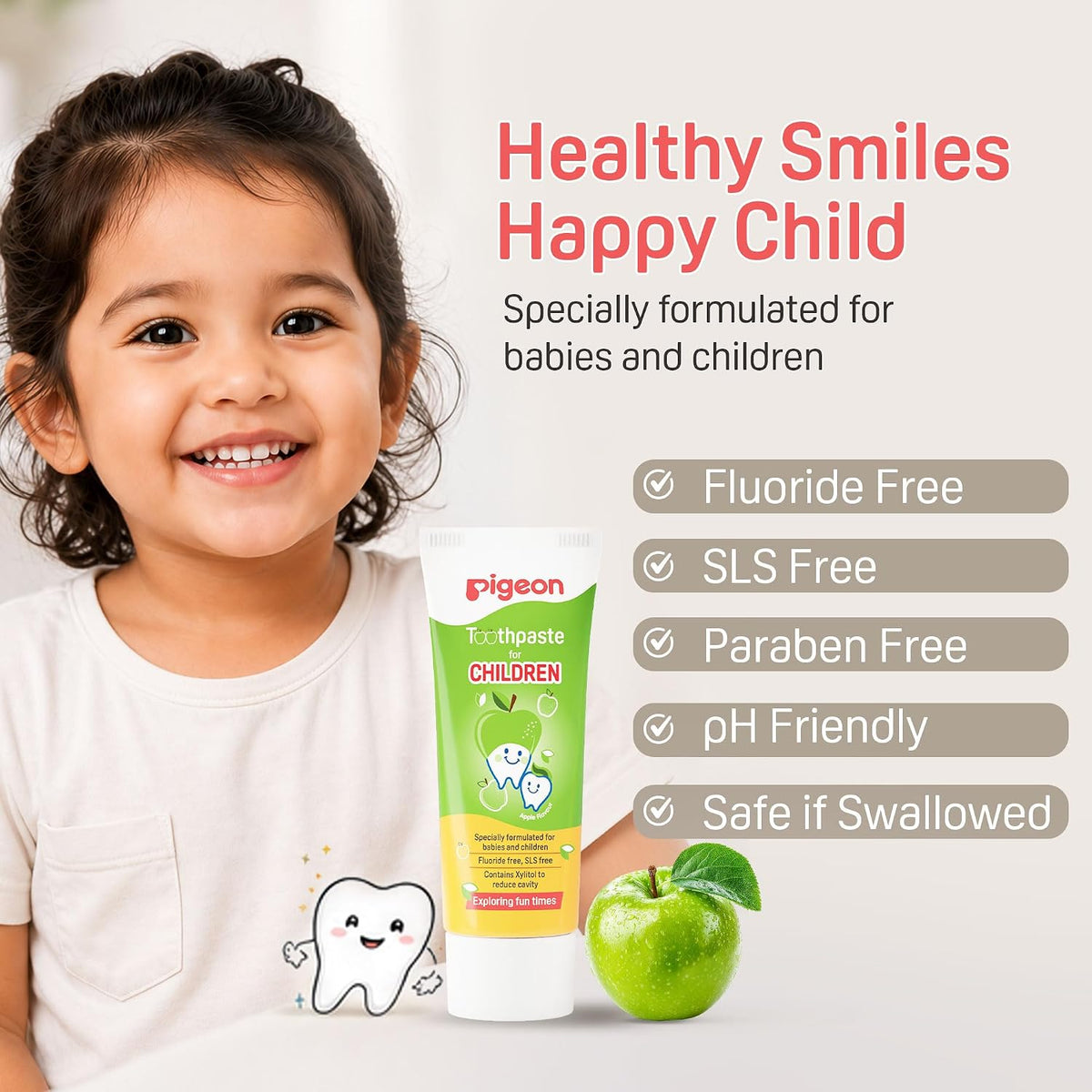 Pigeon Official Toothpaste Apple 0+ Months 1pc - 100% Food Grade Ingredients, SLS/Fluoride Free, Safe if swallowed, Gentle on new milk teeth, made with Xylitol agent, Co-developed with Pediatric Dentist, Japan No. 1 Brand