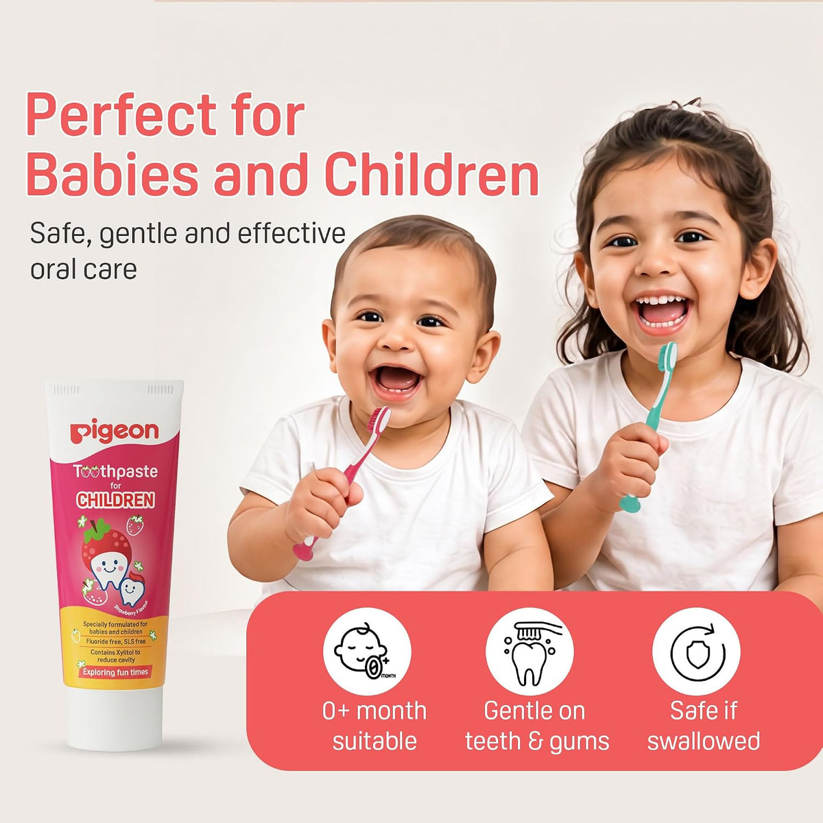 Pigeon Official Toothpaste Strawberry 0+ Months 1pc - 100% Food Grade Ingredients, SLS/Fluoride Free, Safe if swallowed, Gentle on new milk teeth, made with Xylitol agent, Co-developed with Pediatric Dentist, Japan No. 1 Brand