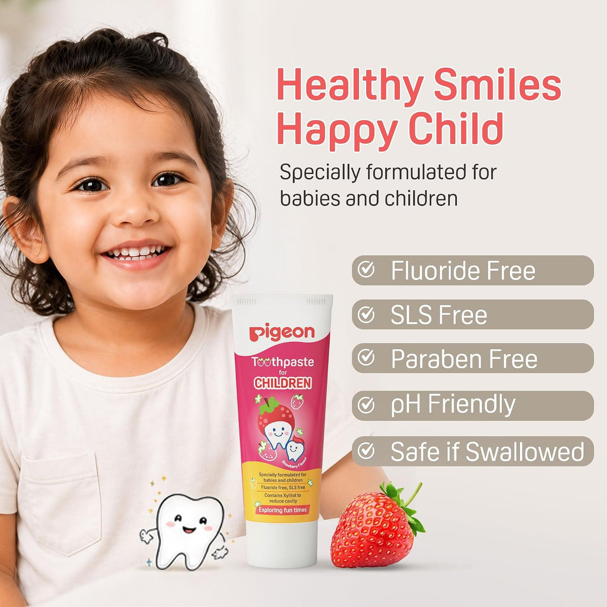 Pigeon Official Toothpaste Strawberry 0+ Months 1pc - 100% Food Grade Ingredients, SLS/Fluoride Free, Safe if swallowed, Gentle on new milk teeth, made with Xylitol agent, Co-developed with Pediatric Dentist, Japan No. 1 Brand