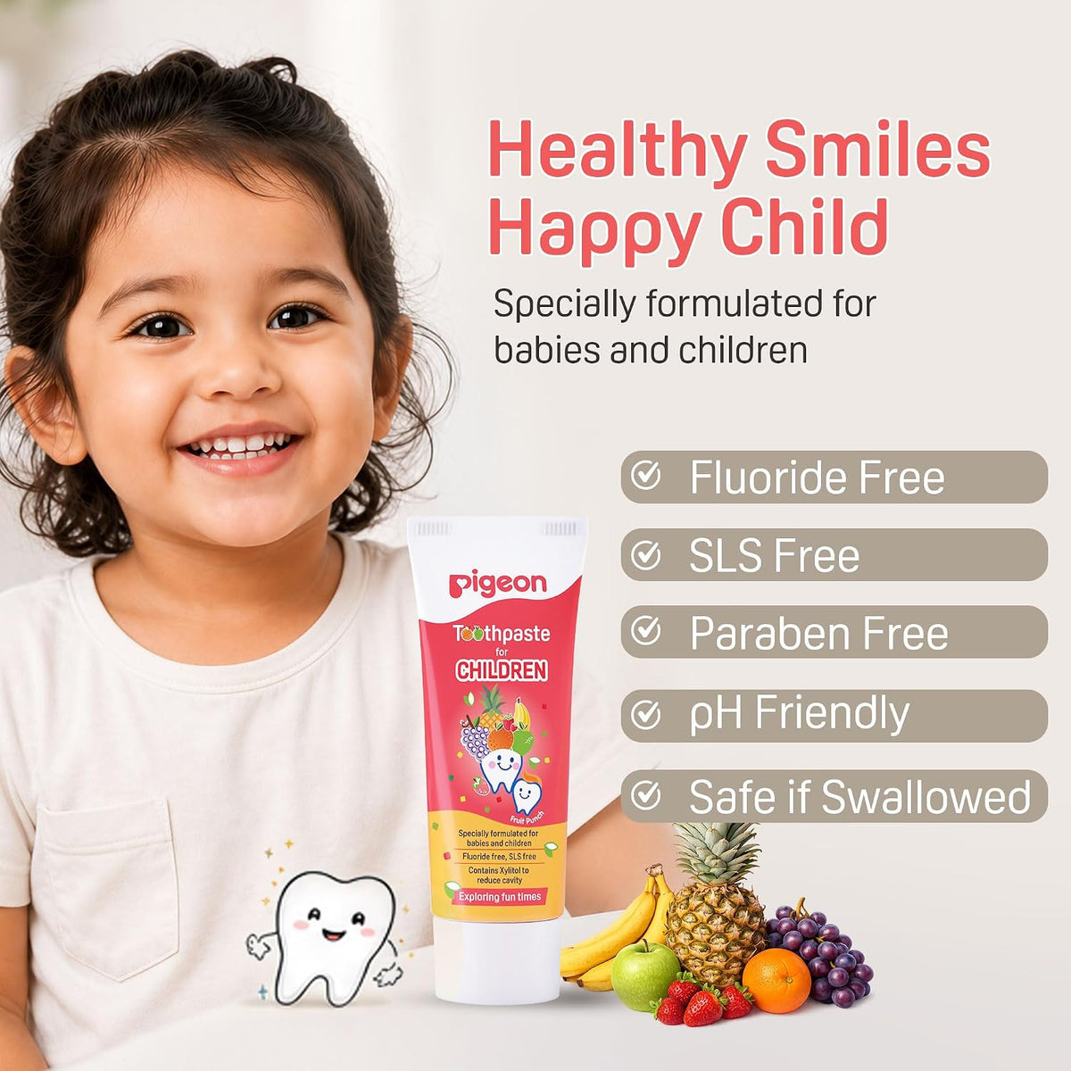Pigeon Official Toothpaste Fruit Punch 0+ Months 1pc - 100% Food Grade Ingredients, SLS/Fluoride Free, Safe if swallowed, Gentle on new milk teeth, made with Xylitol agent, Co-developed with Pediatric Dentist, Japan No. 1 Brand