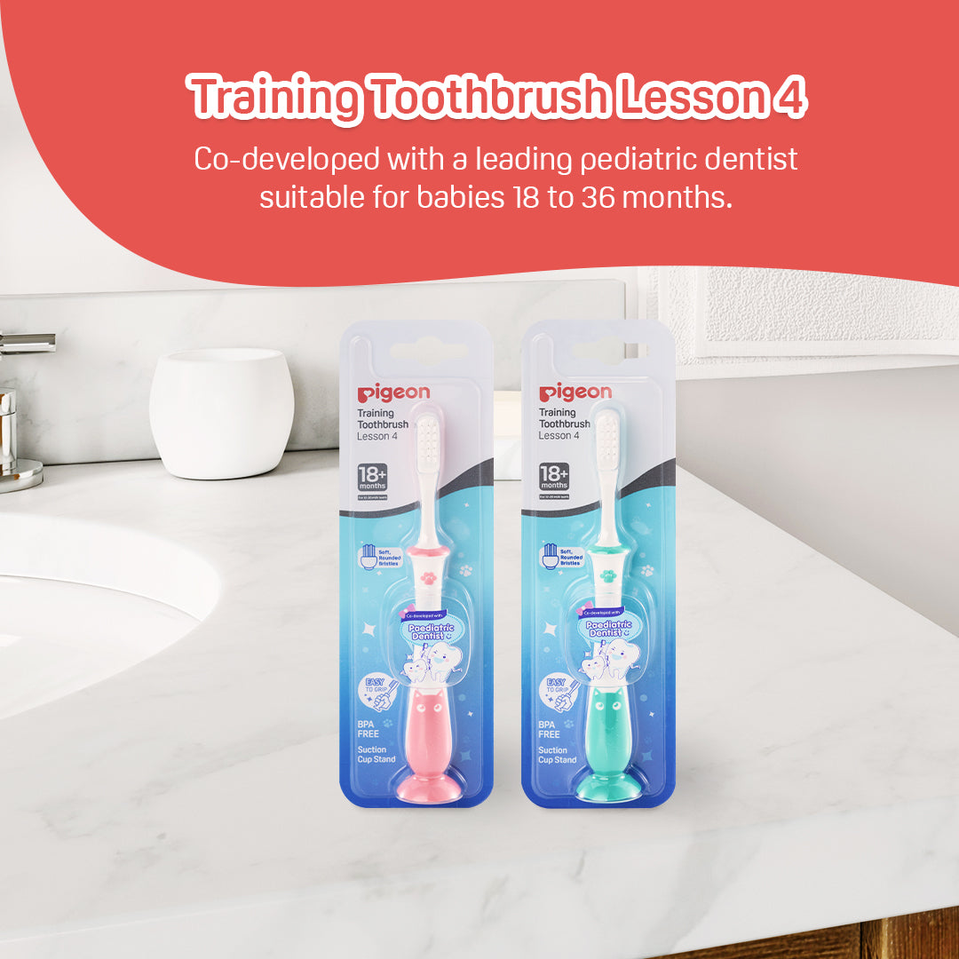 Pigeon Official - Lesson 4 Toothbrush Mint with Suction Cup Stand, 18+ Months, Soft Bristles, Slim head to reach back molars, Ergonomic handle, BPA Free, Co-developed with Pediatric Dentist, Japan No. 1 Brand
