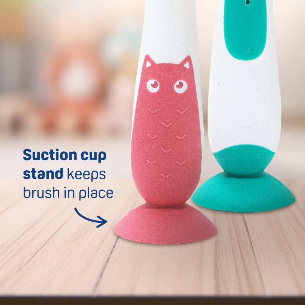 Pigeon Official - Lesson 4 Toothbrush Mint with Suction Cup Stand, 18+ Months, Soft Bristles, Slim head to reach back molars, Ergonomic handle, BPA Free, Co-developed with Pediatric Dentist, Japan No. 1 Brand