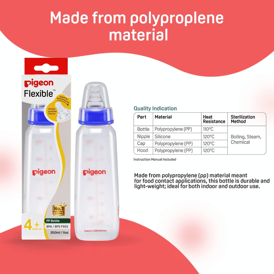 Pigeon Official - PP Standard Slim Neck Feeding Blue Bottle Medium Flow, 240ml, 4+ Months Twin Pack  Anti Colic, No Nipple Confusion, BPA Free, Soft Flexible Nipples, Japan No. 1 Brand