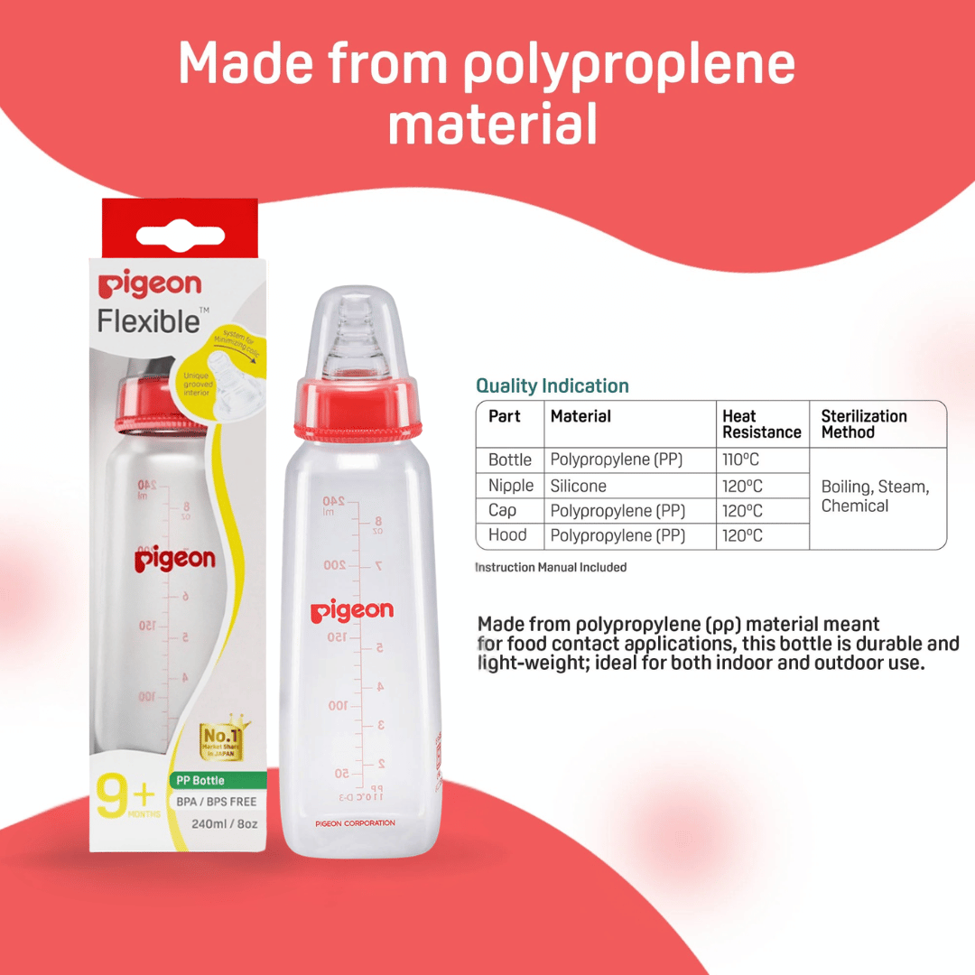 Pigeon Official - PP Slim Neck Standard Feeding Red Bottle Fast Flow, 240ml (L) 9+ Months Twin Pack Anti Colic, No Nipple Confusion, BPA Free, Soft Flexible Nipples, Japan No. 1 Brand
