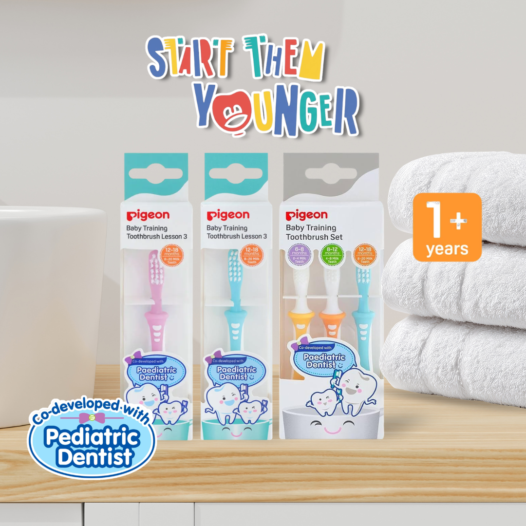 Pigeon Official - Training Toothbrush Set Lesson 1-3, 6-18+ Months, Soft Elastomer Brush Head, Ergonomic handle, BPA Free, Co-developed with Pediatric Dentist, Japan No. 1 Brand