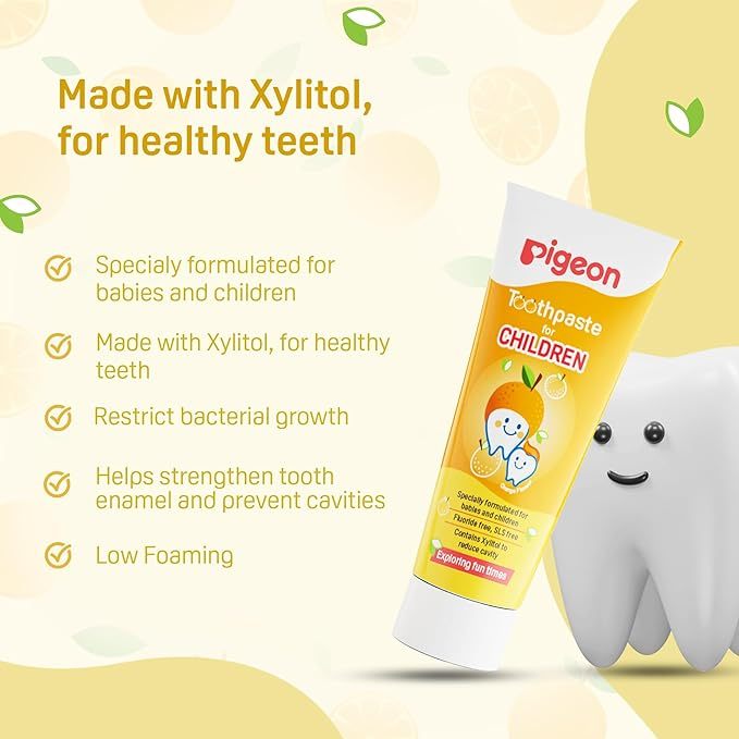Pigeon Official - Toothpaste Orange 0+ Months 2pcs - 100% Food Grade Ingredients, SLS/Fluoride Free, Safe if swallowed, Gentle on new milk teeth, made with Xylitol agent, Co-developed with Pediatric Dentist, Japan No. 1 Brand