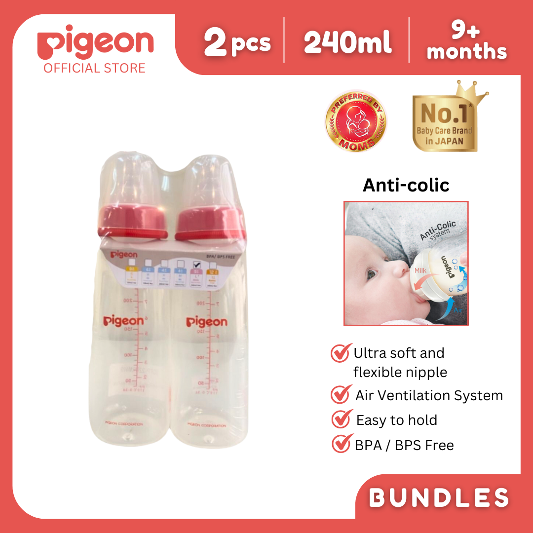 Pigeon Official - RPP Slimneck/Standard Feeding Red Bottle Fast Flow, 240ml (L) (Twinpack), PP Material