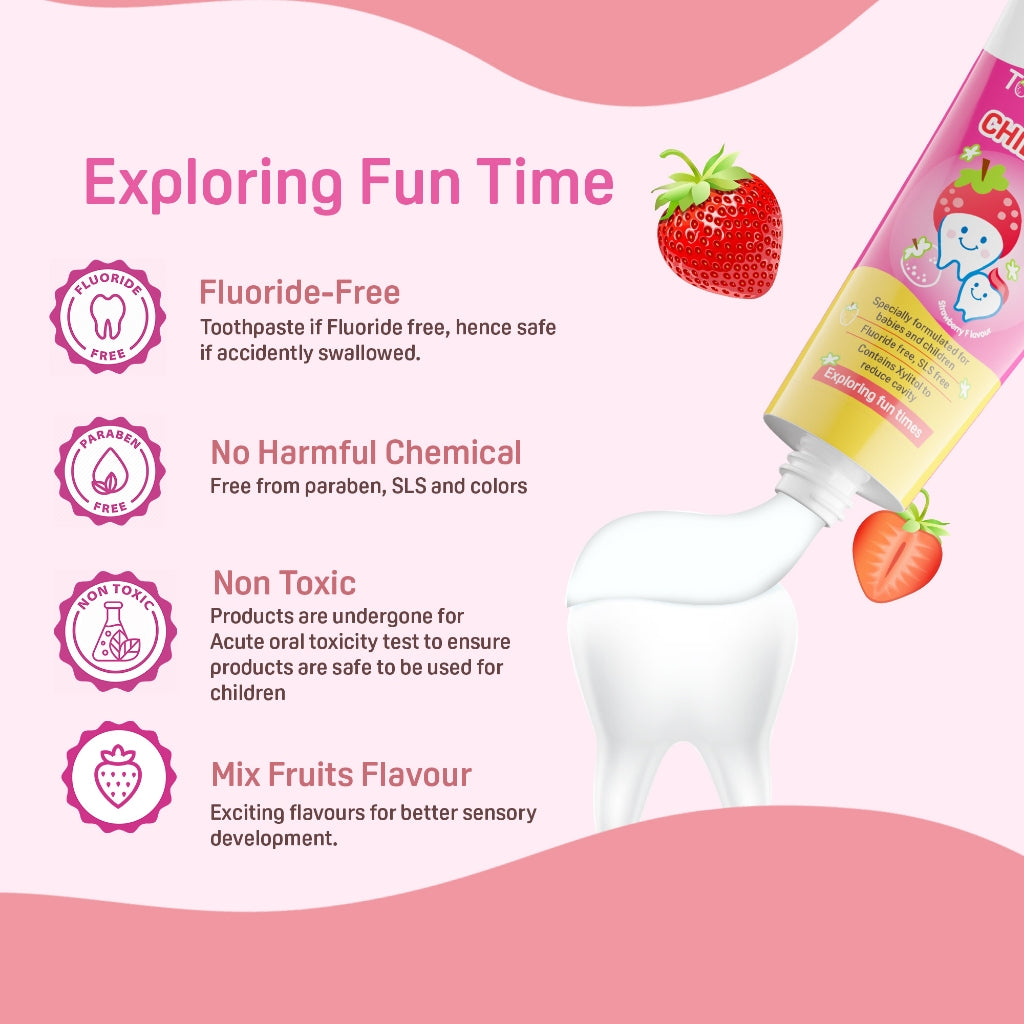 Pigeon Official Toothpaste Strawberry 0+ Months 1pc - 100% Food Grade Ingredients, SLS/Fluoride Free, Safe if swallowed, Gentle on new milk teeth, made with Xylitol agent, Co-developed with Pediatric Dentist, Japan No. 1 Brand